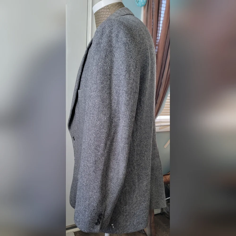 Vintage 80's Blazer Men's 46L Black & White Harringbone 2 Button 100% Pure Wool